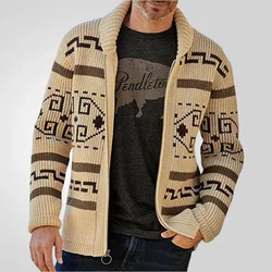 Cardigan Men Knitted Sweaters Zipper Coat Full Sleeve Turn Down Collar Print Knit Thick Slim Fit Coats Open Stitch Autumn Winter
