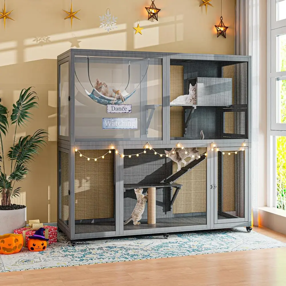 

Indoor Catio with Wheels, 4 Tier Cat Enclosures House for Outdoor Sunbathing, 66 Multi-Feature Wooden Kitty Cage for Patio with