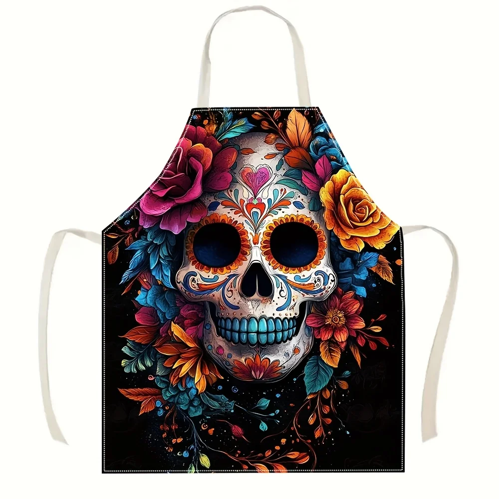 

1pc Colorful Sugar Skull Flowers Apron Vintage Day Of The Dead Kitchen Cooking Baking BBQ Chef Gift For Women Men Linen BibApron