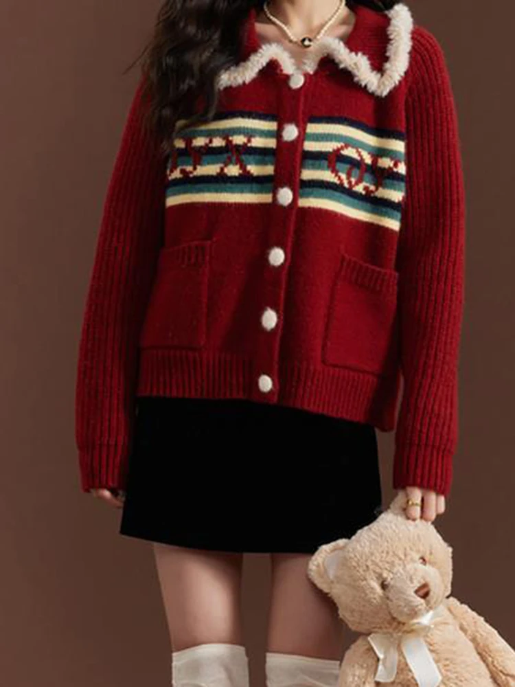 Rood Retro Gebreid Vest Zoet Gestreept Vrouwen Herfst Luie Wind Slim Fit Truien Peter Pan Kraag Knop Kawaii Casual Nieuwe Tops