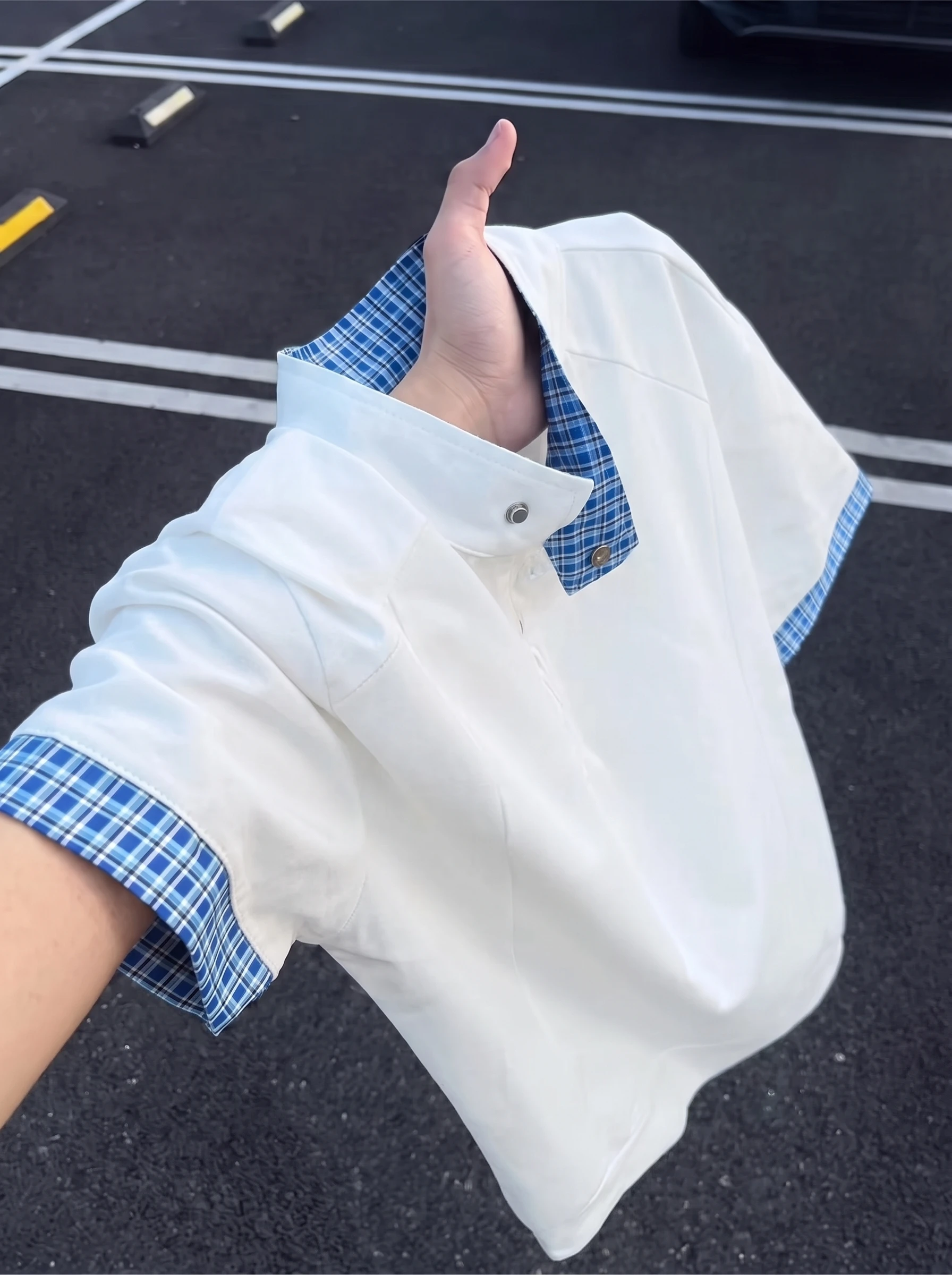 American Plaid Color Block Half Zip Short Sleeve Men's Summer High Design Sense  Shirt Stand Collar Shoulder Level T-Shirt