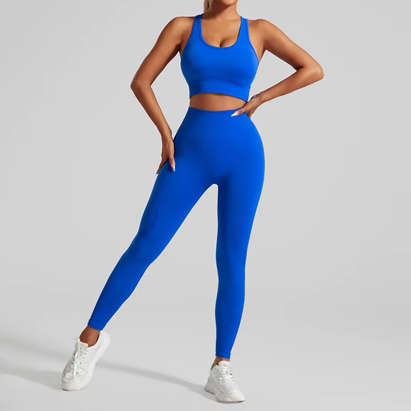 Yoga-Trainingsset für Damen, Rückenfreier Sport-BH mit Kreuzgurt, kombiniert mit Hüftstraffender und hochtaillierter Yoga-Fitnesshose – Detail 4