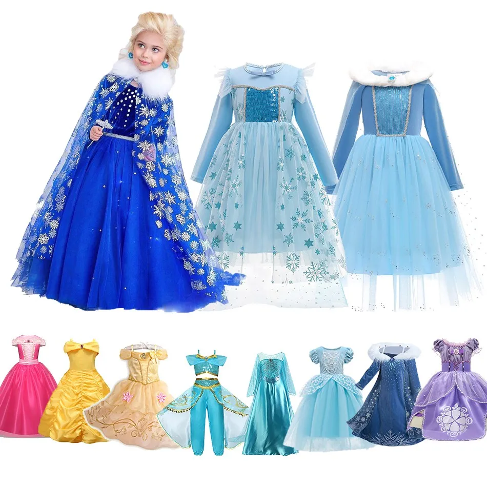 Children Princess Fancy Costume Elsa Party Carnival Aurora Sofia Dress Up for Girl Christmas Birthday Belle Snowflake Vestides