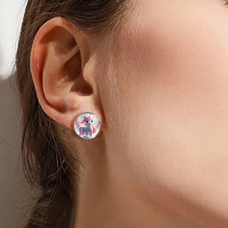 Cartoon Pink Unicorn Stud Earrings Cute Round Glass Little Horse Earrings For Girls Women Gifts