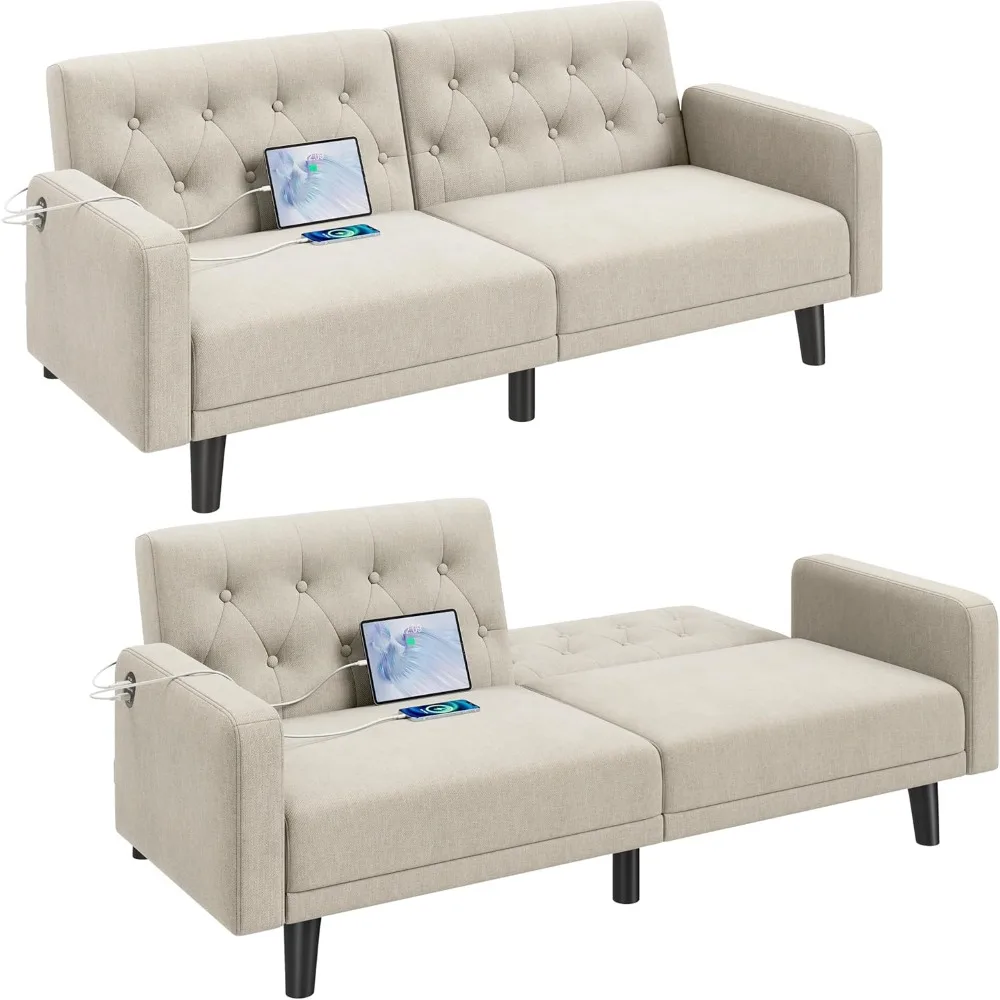 

63” Convertible Couch Sofa Bed with 2 USB, Reclining Futon Sleeper with Adjustable Backrest & Removable Armrests
