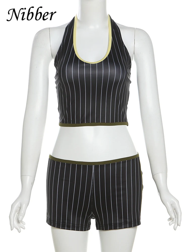 Nibber Stripe Print Women 2Piece Set basis Casual Halter Low-Neck Tank Tops+Shorts Skinny Sporty Simple Matching Streetwear Suit