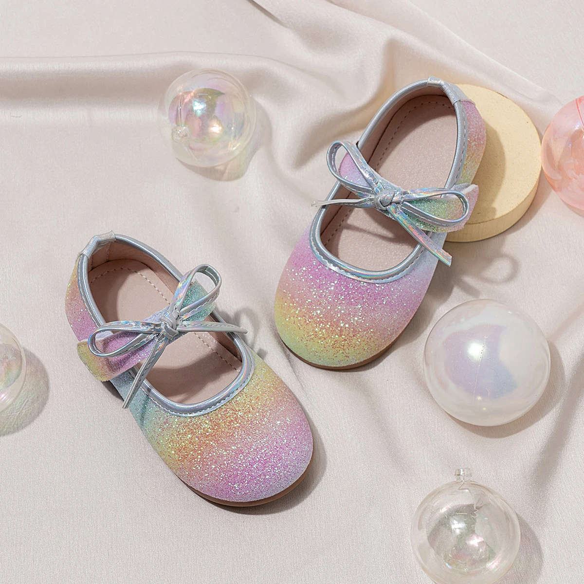 

Baby Girls Princess Shoes with Bow New Toddler Sparkly Colorful Party Dress Flats Gradient Color Soft Chic School Dance Shoes