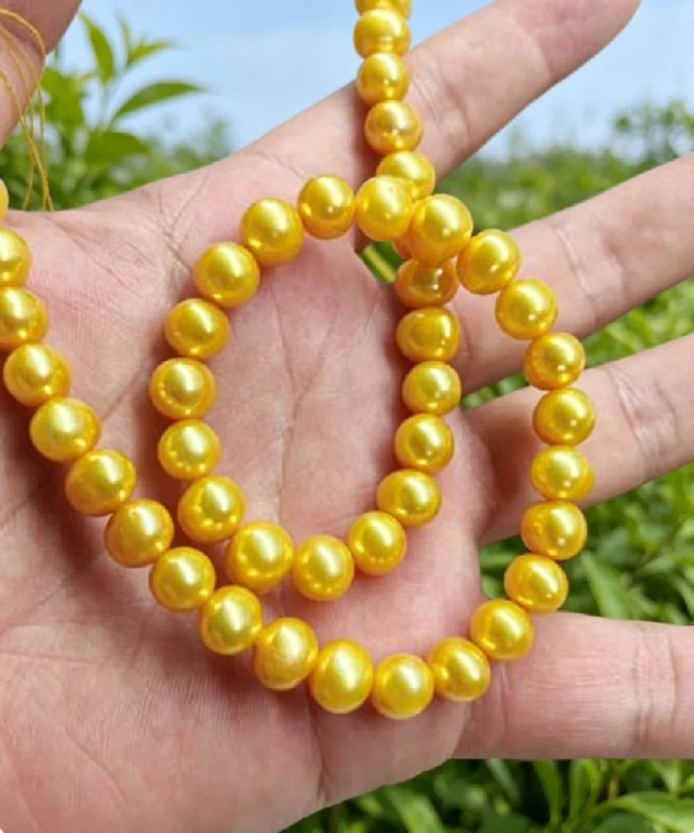 

Luxury Necklace AAAA 9-10mm Natural South Sea Round Gold Pearl Necklace 16in-18in/925 - Custom Sizes Available