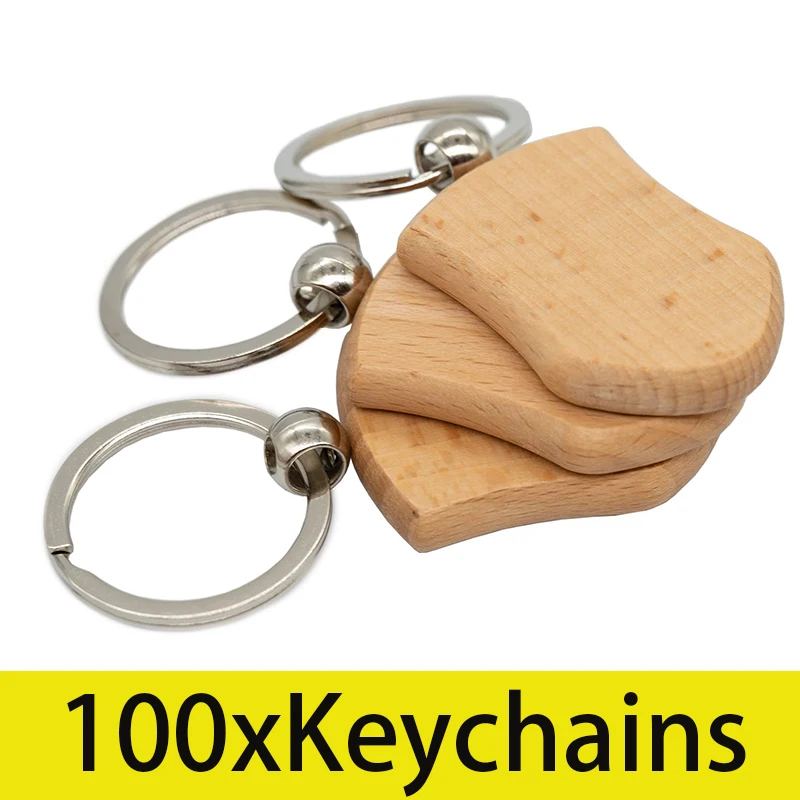 100Pcs Shield Shape Blank Wooden Key Tag Key Chain Wood Blanks with Keychain for DIY Gift Crafts