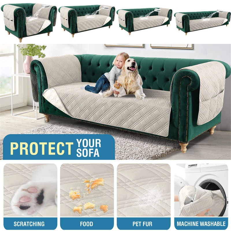 1/2/3/4 Seat Quilted Sofa Cover Pet Dog Kids Sofa Mat with Storage Pocket Anti-dust Non-slip Armchair Protector for Living Room