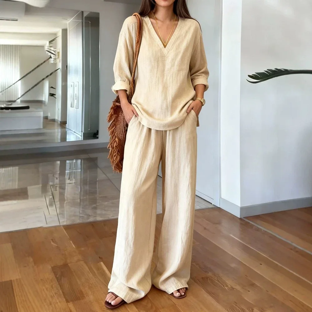 2026 Foreign Trade New Women's Solid Color Pullover Casual V-neck Pullover Long Sleeved and Long Pants Washed Cotton Multi-color