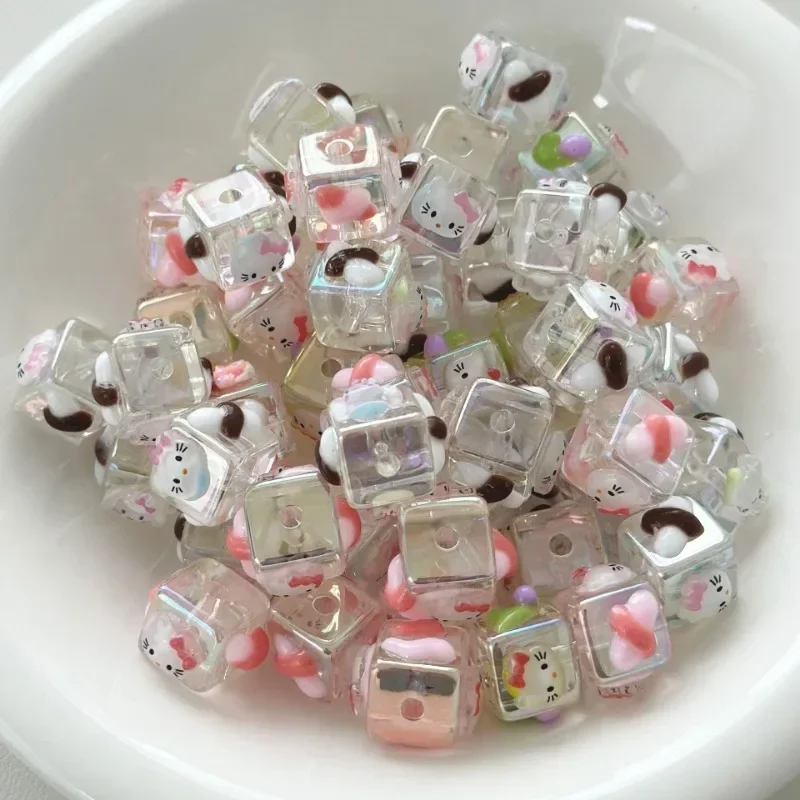 Sanrio New Cartoon Anime Heavy Industry Dripping Oil Hand Drawn Cute Hello Kitty Square Bead DIY Acrylic Jewelry Accessories