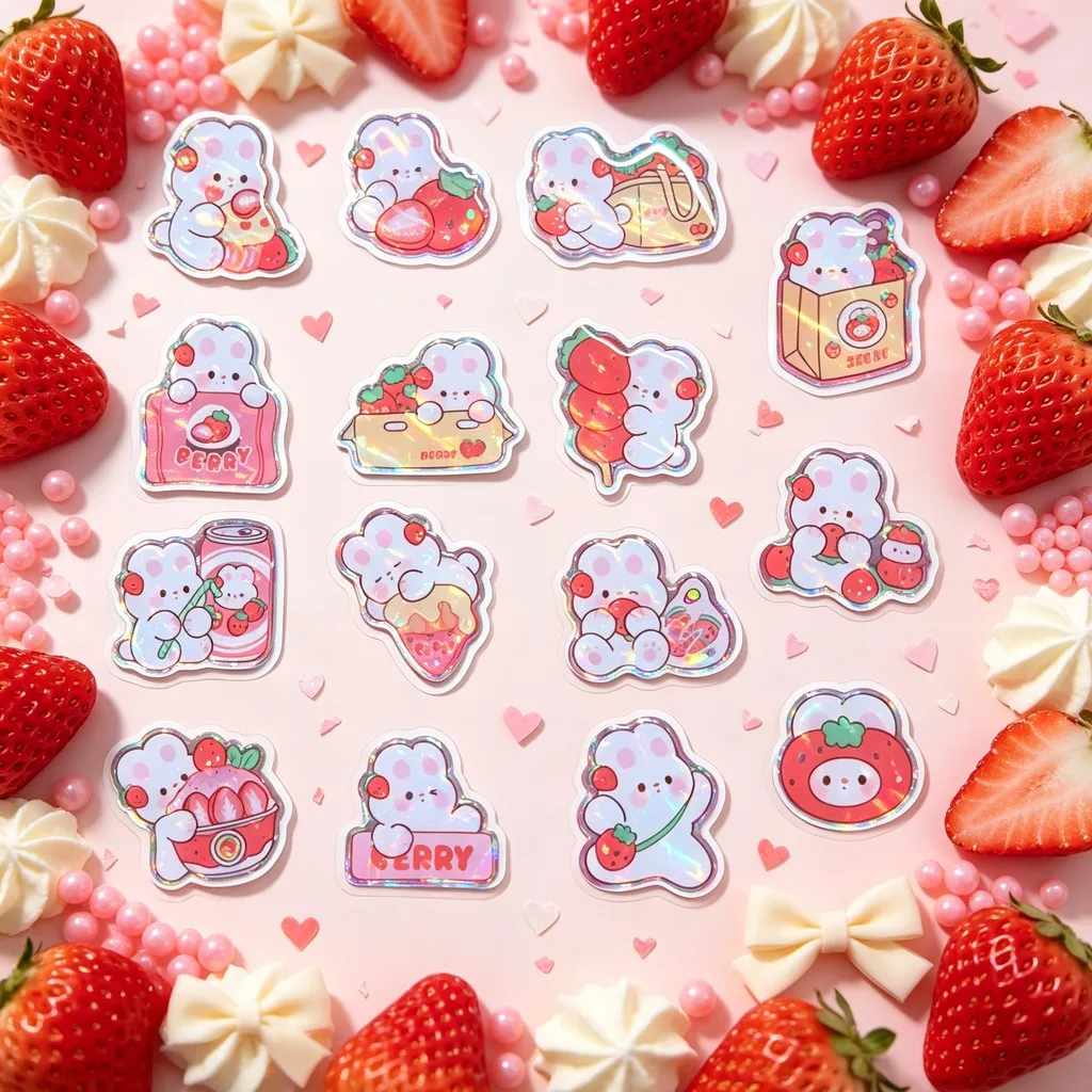 15pcs Holographic Strawberry Bunny Epoxy Stickers, Cute Berry Rabbit Decals for Resin Craft, Scrapbook DIY Anime Worlds Store