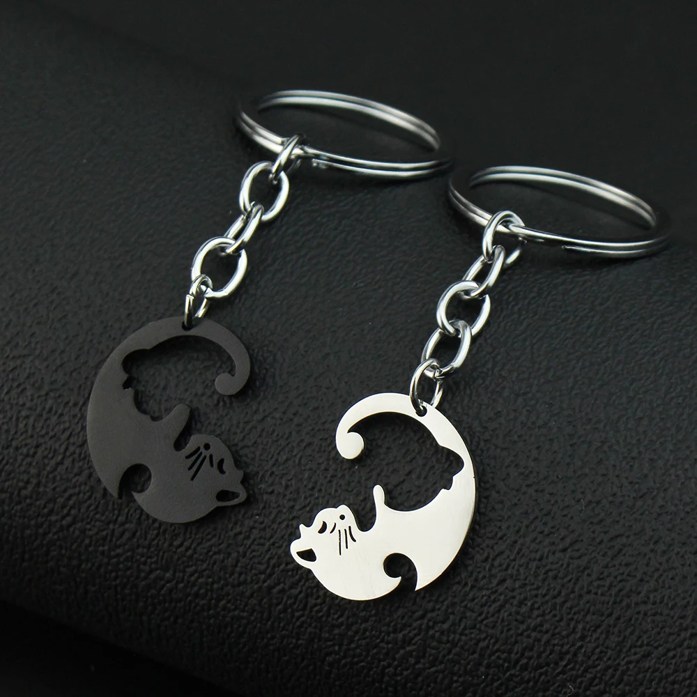 1 Pair Creativity Cute Stainless Steel Cartoon Cat Keychain Couple Animal Matching Key Ring Pendants Valentine Friendship Gift
