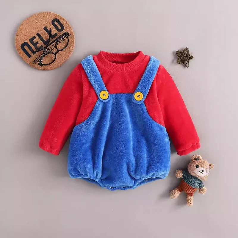 

Winter Baby Clothes Fluffy Warm Romper Cute Color Block Jumpsuit Outfit Toddler Thicken Newborn Boys Girls Holiday Party Costume