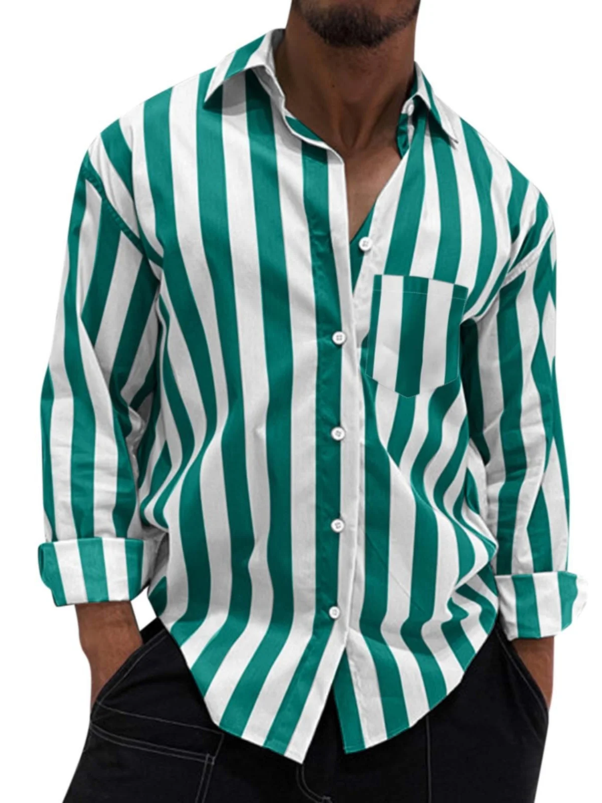 

Casual Striped Loose Fit Men's irt Vintage Open Cardigan Breathable Moisture ng Long Sve Busin Casual Top