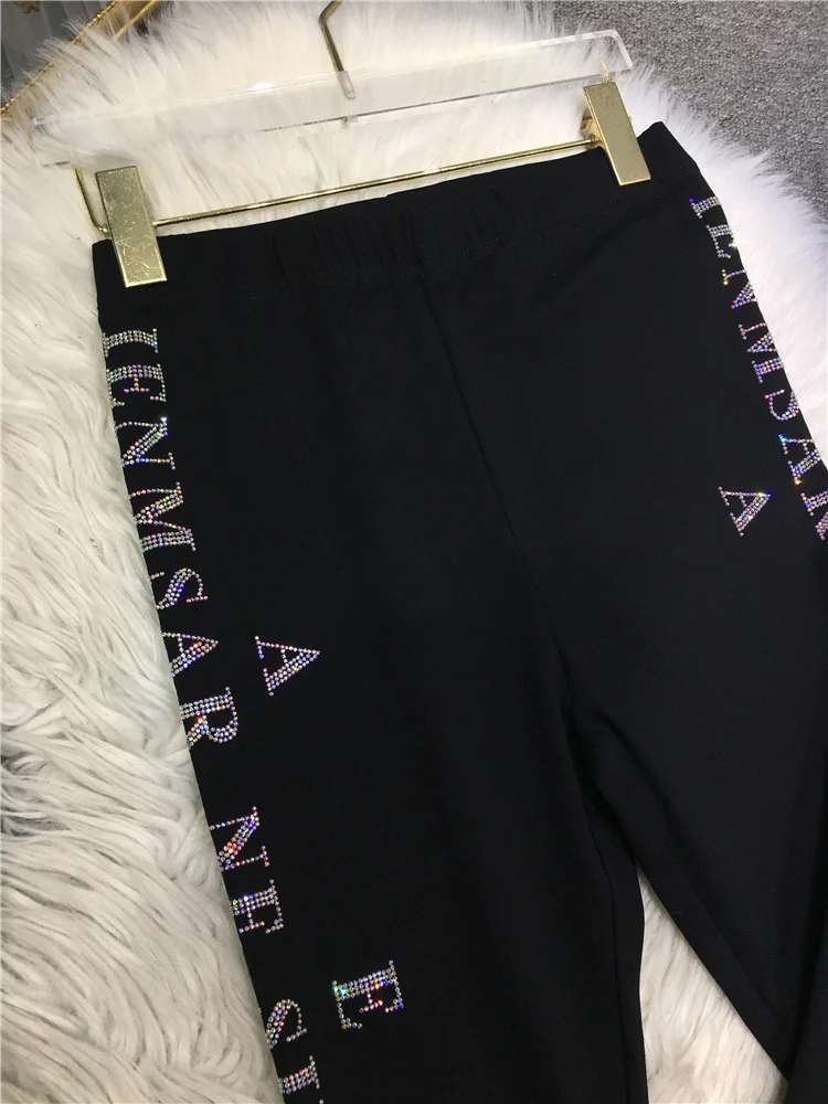 Letters Hot Blingbling Drilling Female Bottoming All-match Elastic High Waist Black Skinny Pants Out Wear Street Leggings