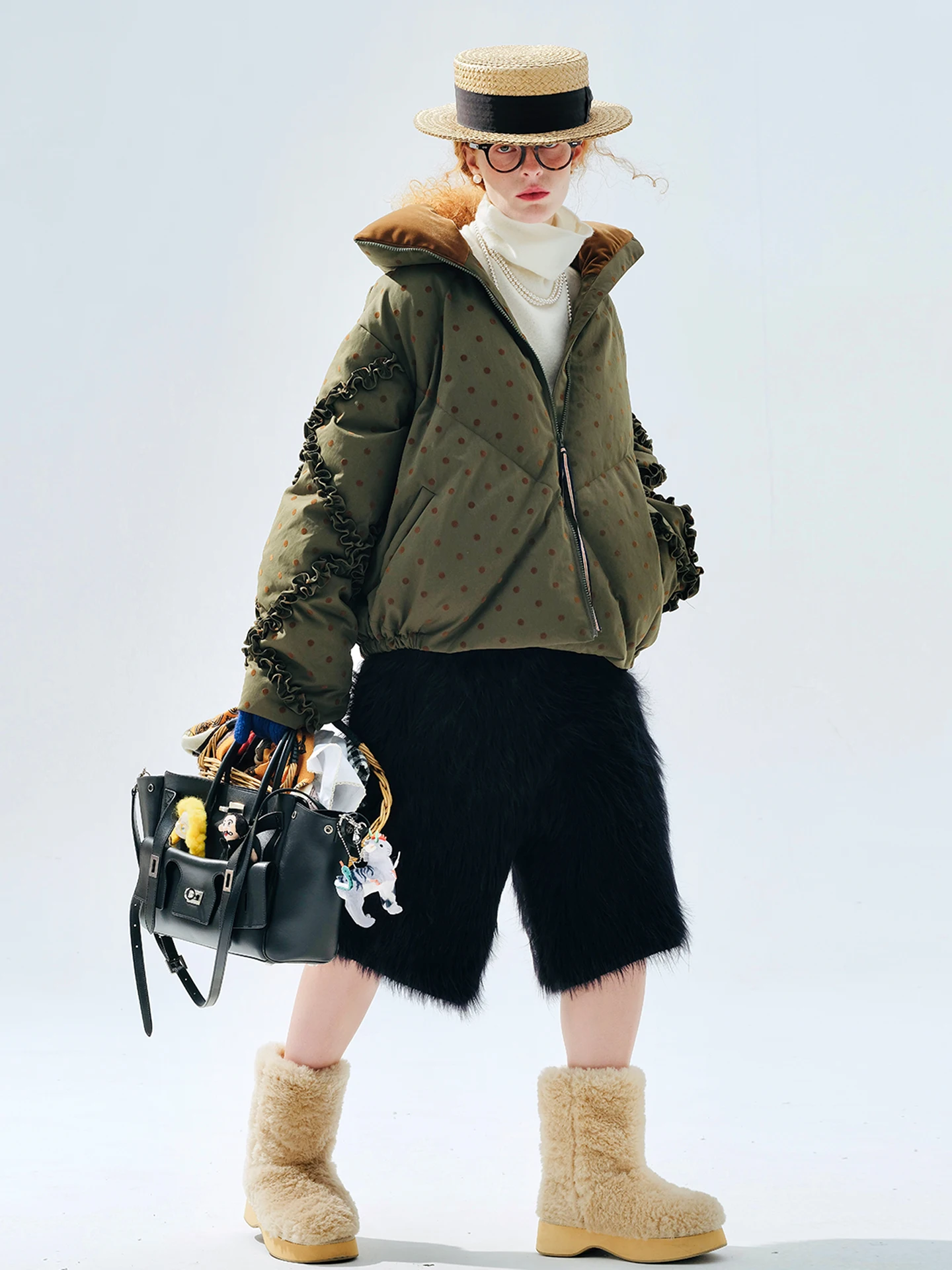 Chaqueta de plumón corta verde oliva imakokoni mujer 2025 invierno Retro flocado lunares pato blanco abajo abrigo grueso 255275