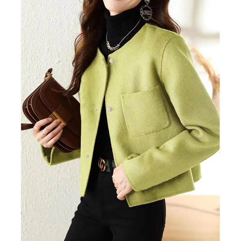 Women Clothing New Autumn Winter Korean Fashion Elegant Luxury Chic Cropped Coat Casual O Neck Solid Long Sleeve Outewear Jacket