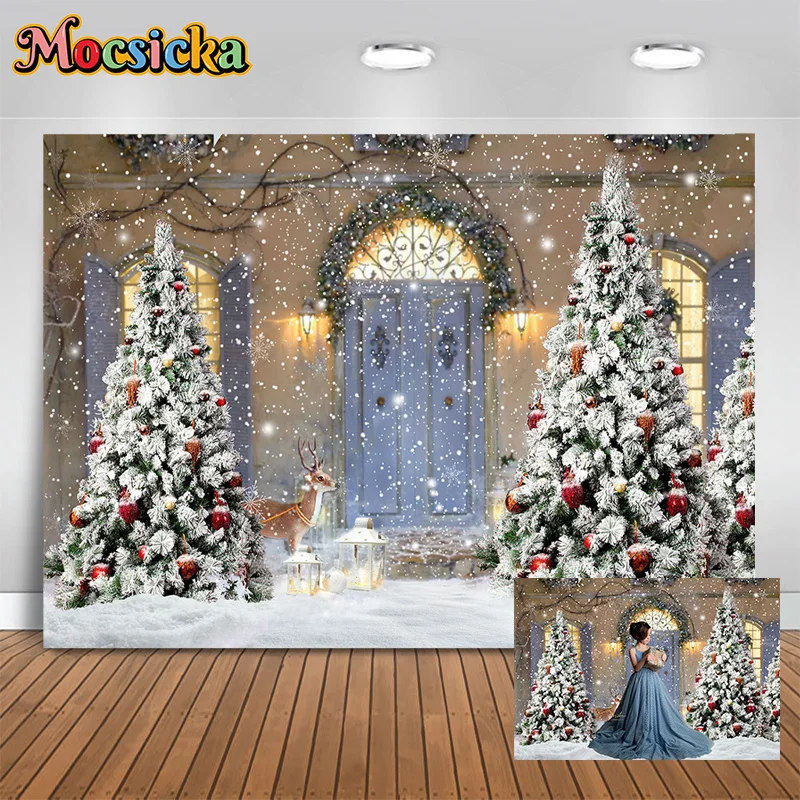 

Mocsicka Christmas Photography Backgrounds Snowy Xmas Tree Elk New Year Outdoor Kids Photo Cake Smash Photo Booth Studio