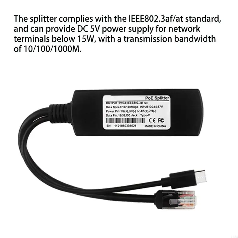 L4MA Type-C PoE Splitter 5V 3A IEEE 802.3af Standard 10/100/1000Mbps for