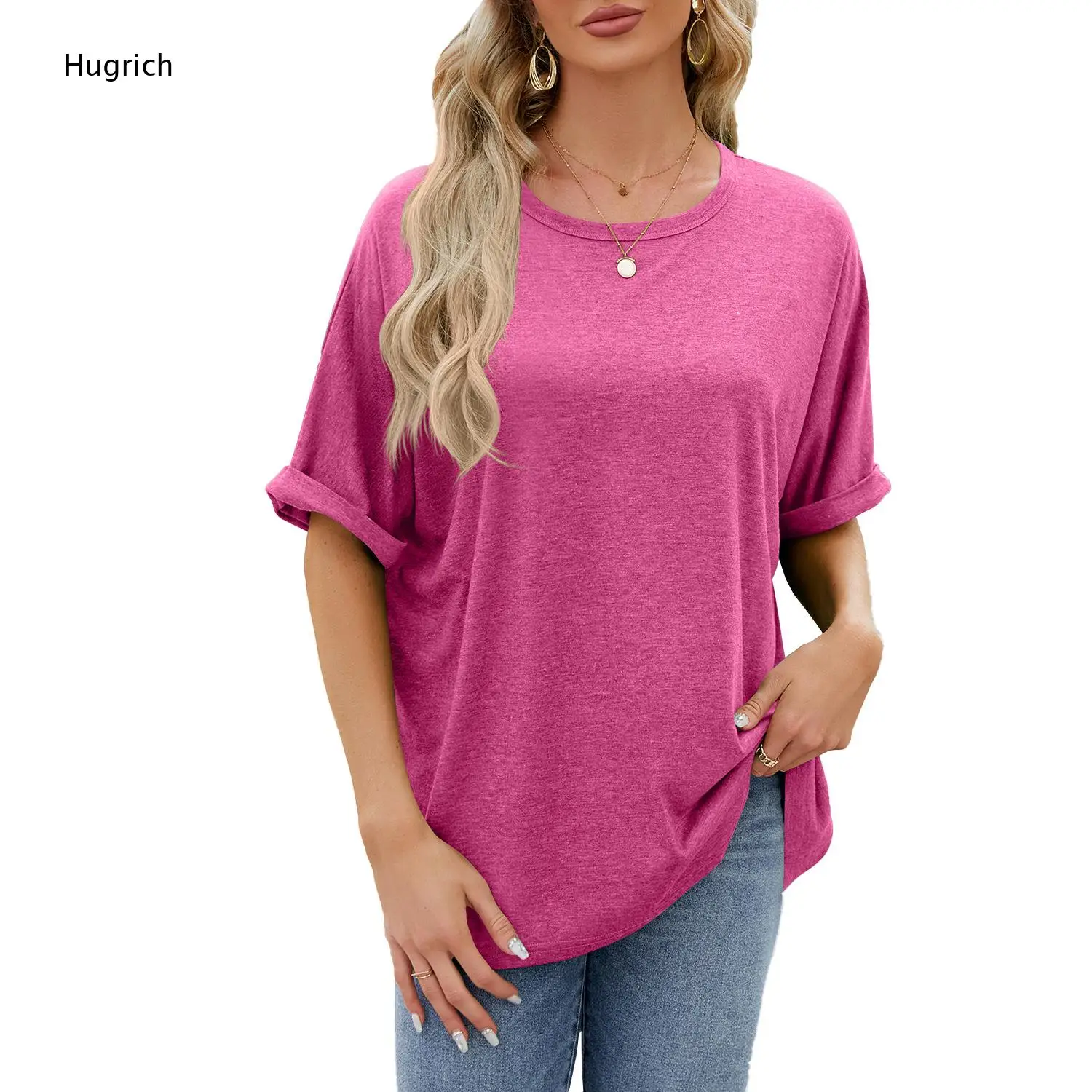 Heather Teal Oversized Dolman Short Sleeve Tee For Women Round Neck Rolled Cuff Loose Lightweight Daily Casual Shirt