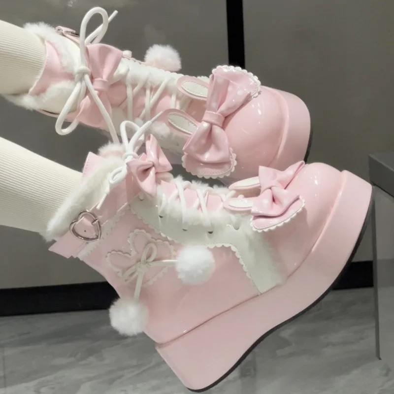 

Sweet Cute Snow Boots Pink Fleece Lined Autumn/Winter Style Women's Boots Belt Buckle Decorate Platform Ankle Boots