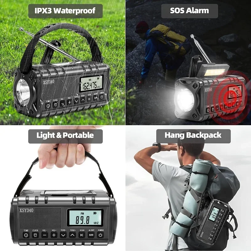 Waterproof 10000mAh Weather Radio Solar Hand Crank Emergency Radio AM/FM/SW/NOAA Alert Portable Radio with Flashlight Reading