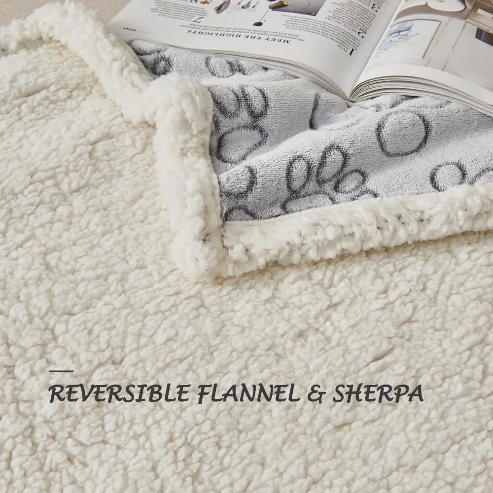 Pet Blanket Waterproof Flannel Sherpa Reversible Dog Cat Throw Mat for Sofa Couch Paw Print Soft Warm Plush Protector Washable view 3