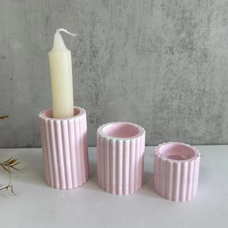 Striped Candlesticks Cement Silicone Mold DIY Cement Plaster Round Candle Holder Tray Pottery Mould Home Decor Candle Jar Making