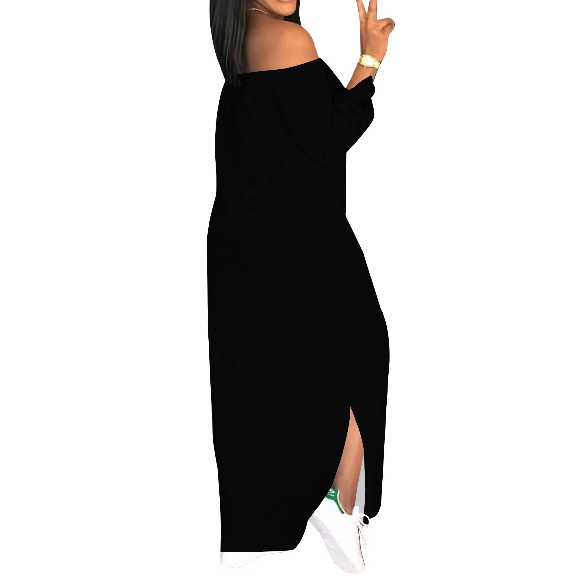 レディースカジュアルプラスサイズオフショルダードレスサイドスリットビーチサンドレスルーズ長袖Tシャツマキシドレス