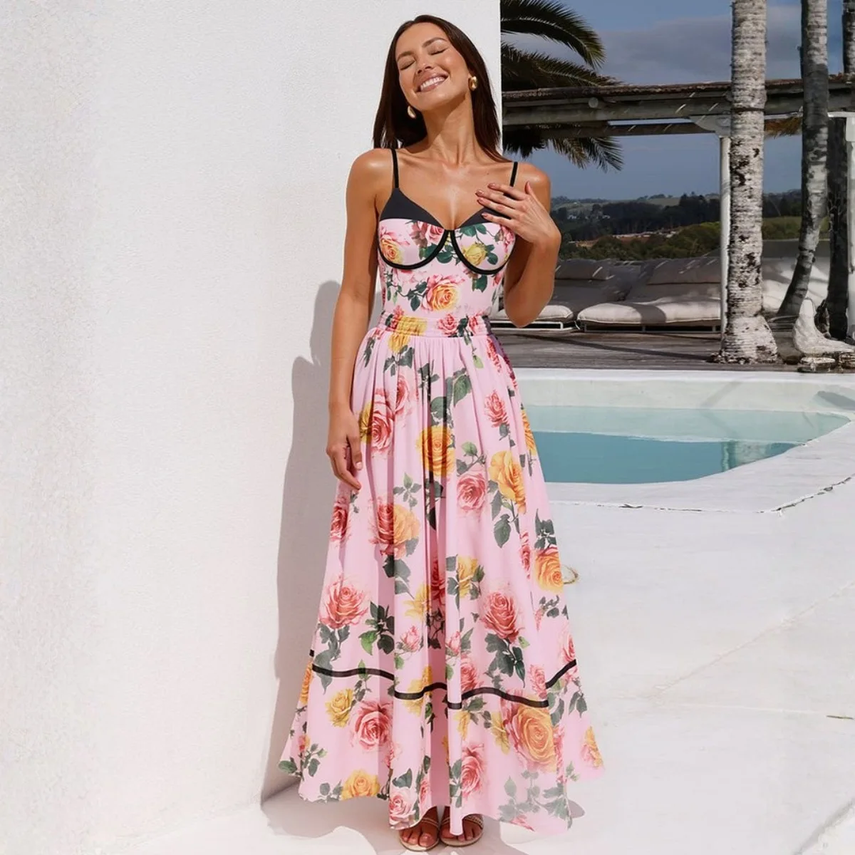 

Цельный купальник для женщин в европейском и американском стиле, розовый с цветочным принтом, для пляжного отдыха, женский купальник-комбинезон