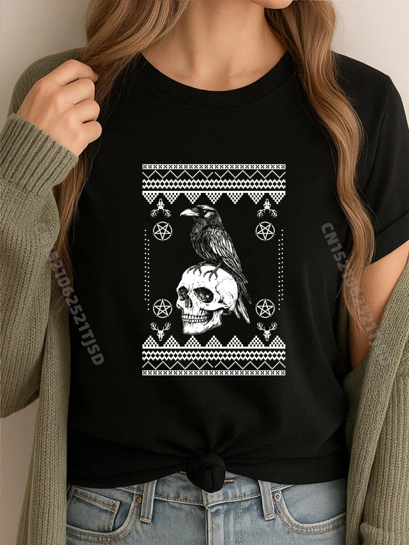 

Creepy Raven Skull Ugly Christmas Sweater Goth Aesthetic Designer Clothes Woman T Shirt Game
