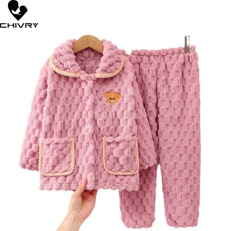 New Kids Boys Girls Autumn Winter Flannel Thicken Pajamas Baby Cartoon Bear Long Sleeve Lapel Sleeping Clothing Sets Pyjamas