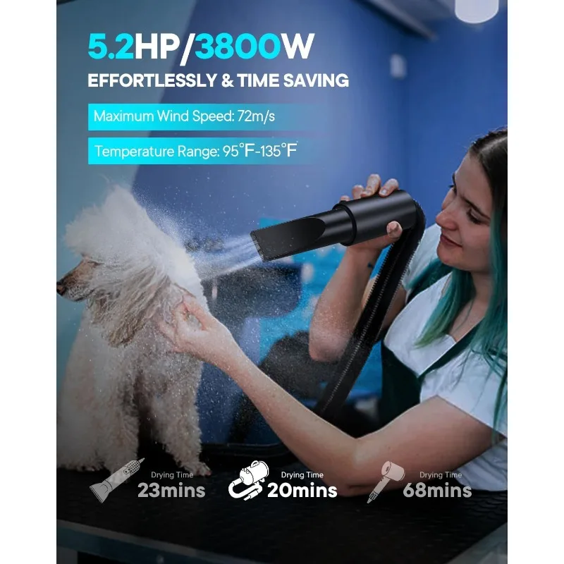 Dog Dryer, 5.2HP/ 3800W Pet Grooming High Velocity Force Blower with 4 Nozzles, Adjustable Speed and Temperature Dog Hair Dryers