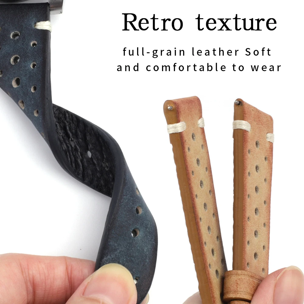 خمر تلوين جلد طبيعي حزام الساعات مسامية تنفس اليدوية خياطة Wirstband 20 مللي متر 22 مللي متر 24 مللي متر حزام ساعة اليد للرجال #4