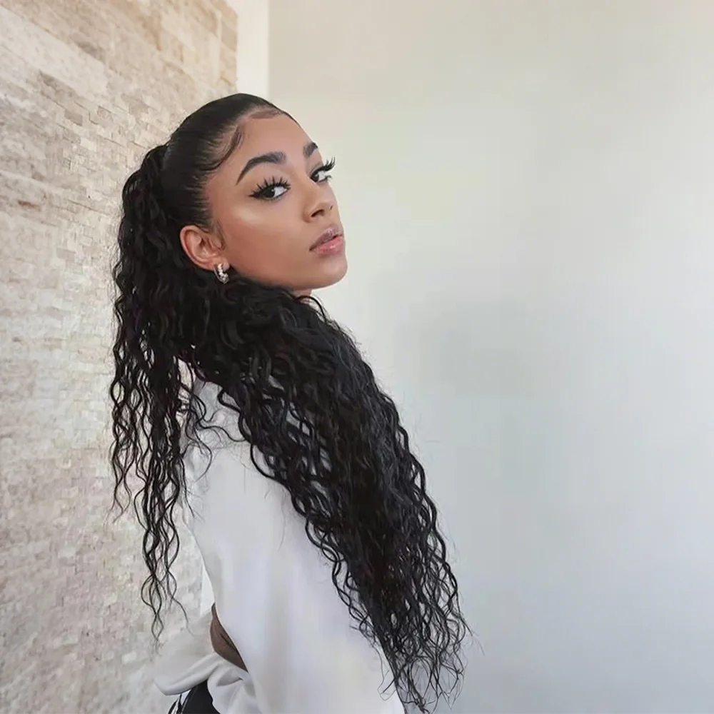 24 بوصة الاصطناعية الطبيعية متموجة الرباط ذيل حصان مجعد موجة كليب في الشعر التمديد العضوية جيري مجعد ذيل حصان للنساء #1