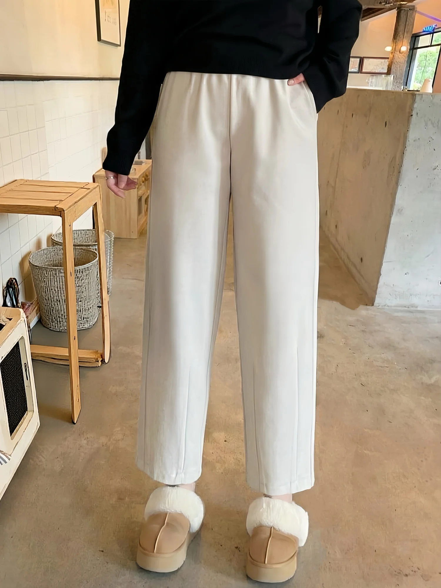 

Брюки с высокой талией и широкими штанинами, повседневные, эластичные, простые, стройнящие, скрывающие бедра, прямого кроя, зимние, модные, больших размеров, женская одежда