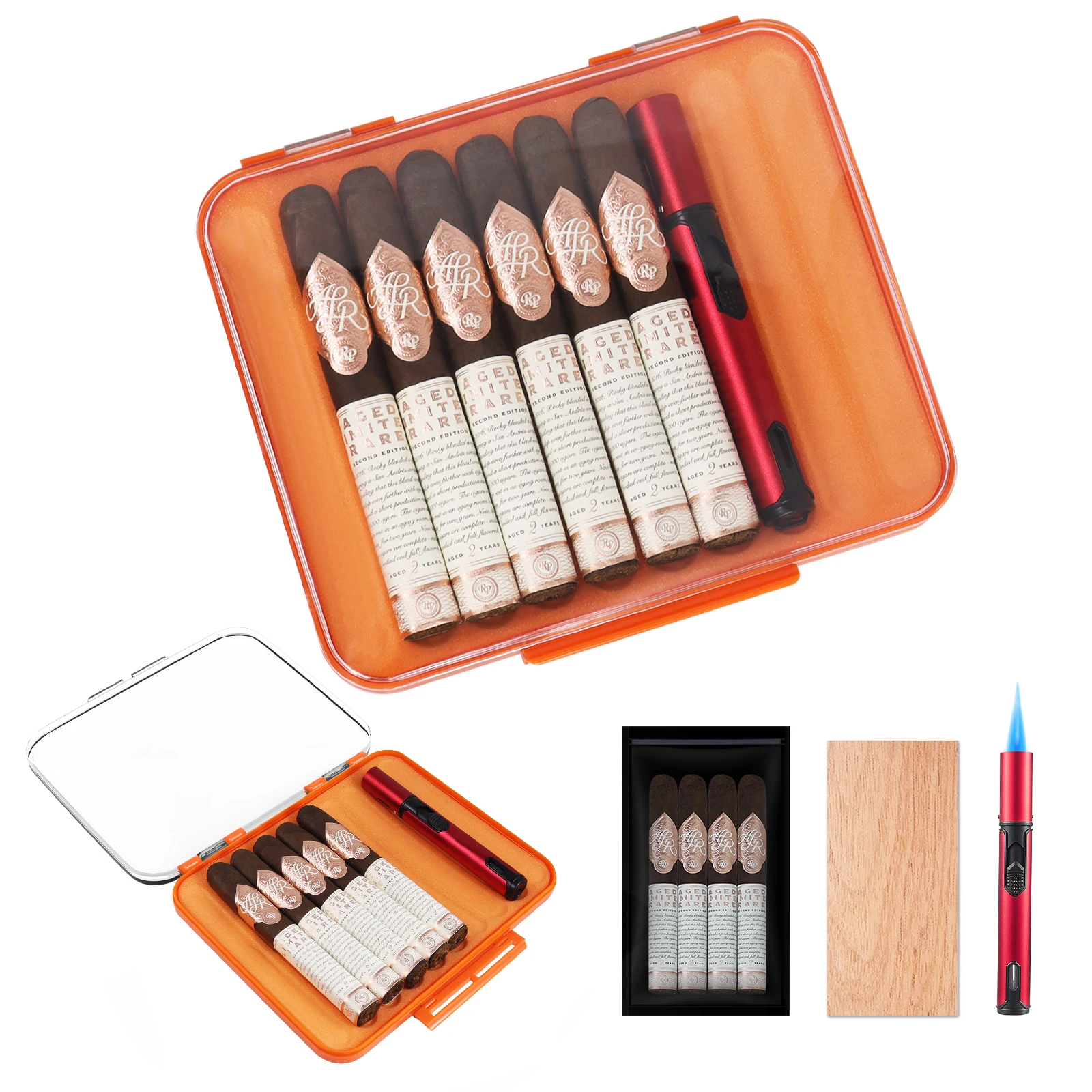 10-Cigar Capacity Humidifier Box Set, Durable Plastics + ABS Cigar Case, Includes Cedar Chips, Humidity Pouch, and Lighter