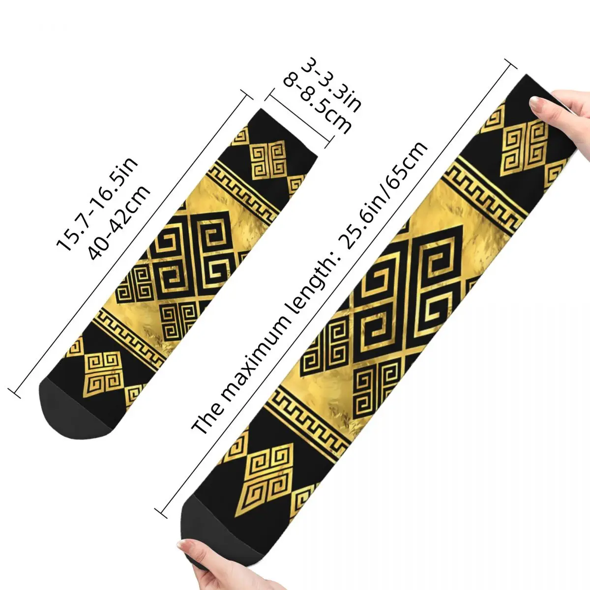 Hip Hop Vintage Greek Key Black And Gold Crazy Men\'s Socks Unisex Greek Meander Street Style Seamless Printed Crew Sock