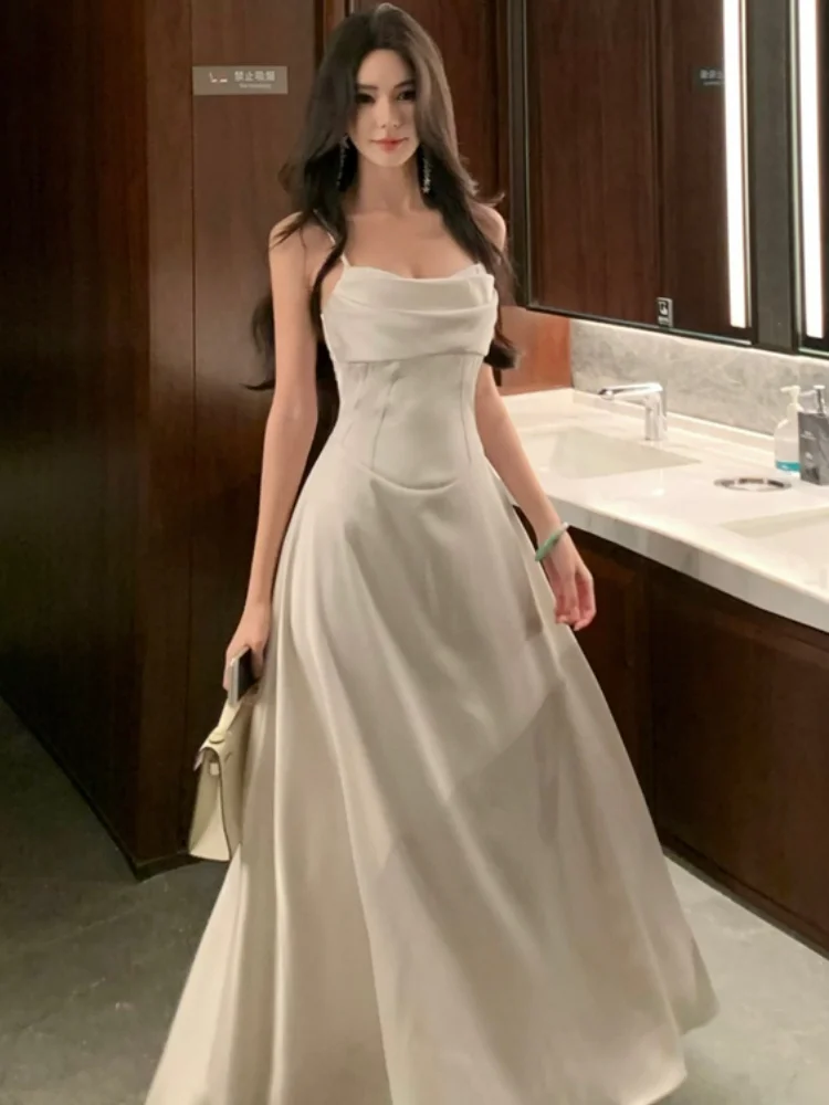 Femmes élégantes robes sans manches été nouveau français Spaghetti sangle robes Mujer a-ligne soirée de mariage robe mi-longue nouveau