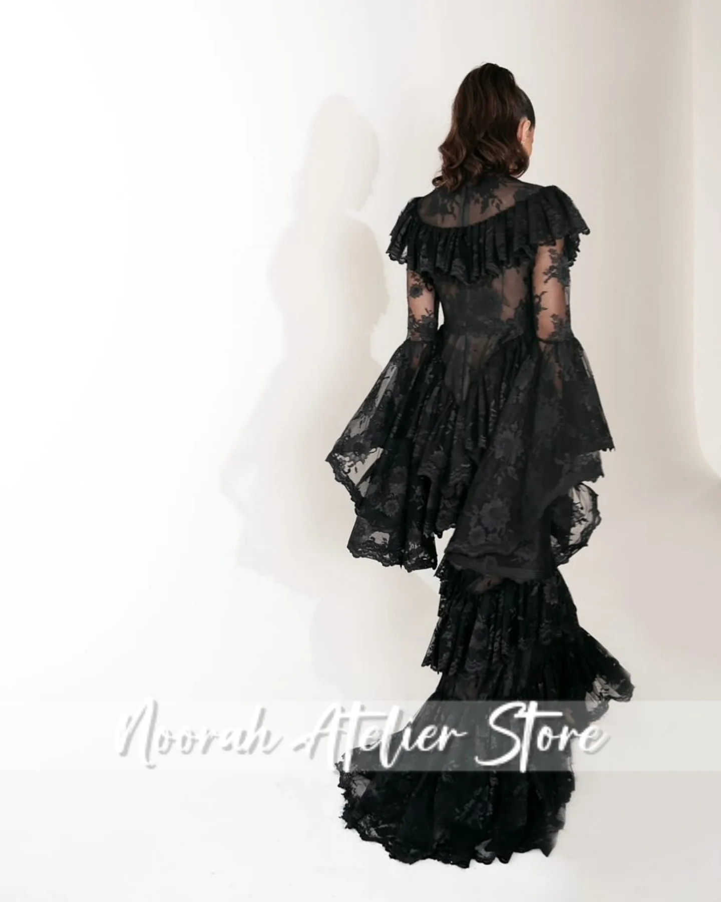 Chique preto renda mangas compridas alta n sereia babados vestido de noite feminino2025 sexy dubai ilusão vestido de festa personalizado