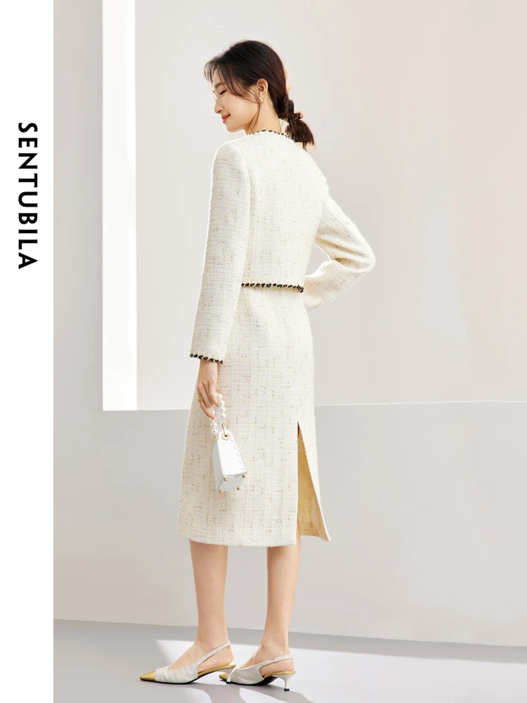 SENTUBILA Women Tweed 2 Pieces Outfit 2024 Autumn Elegant Contrast Cropped Jacket Straight Split Skirt Two Piece Set 141Z53052