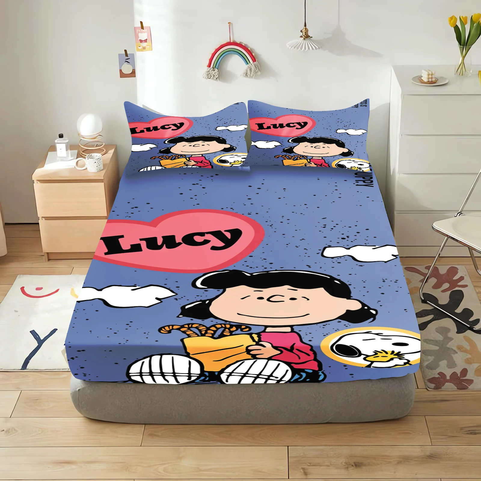 

Snoopy Printed 2/3pcs Bedding Set Fitted Sheet 100% Polyester Anime Home Decor Suitable For Children And Adults