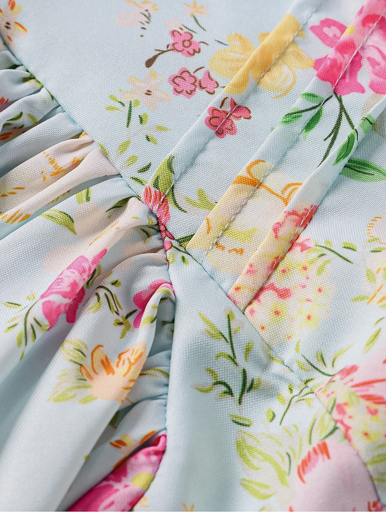 NewAsia Damen Neckholder, rückenfrei, bedruckt, Blumenmuster, Midi-Korsettkleid, Spaghettiträger, zum Binden, modisch, lässig, Urlaub, lange Kleider, Rosa – Detail 29