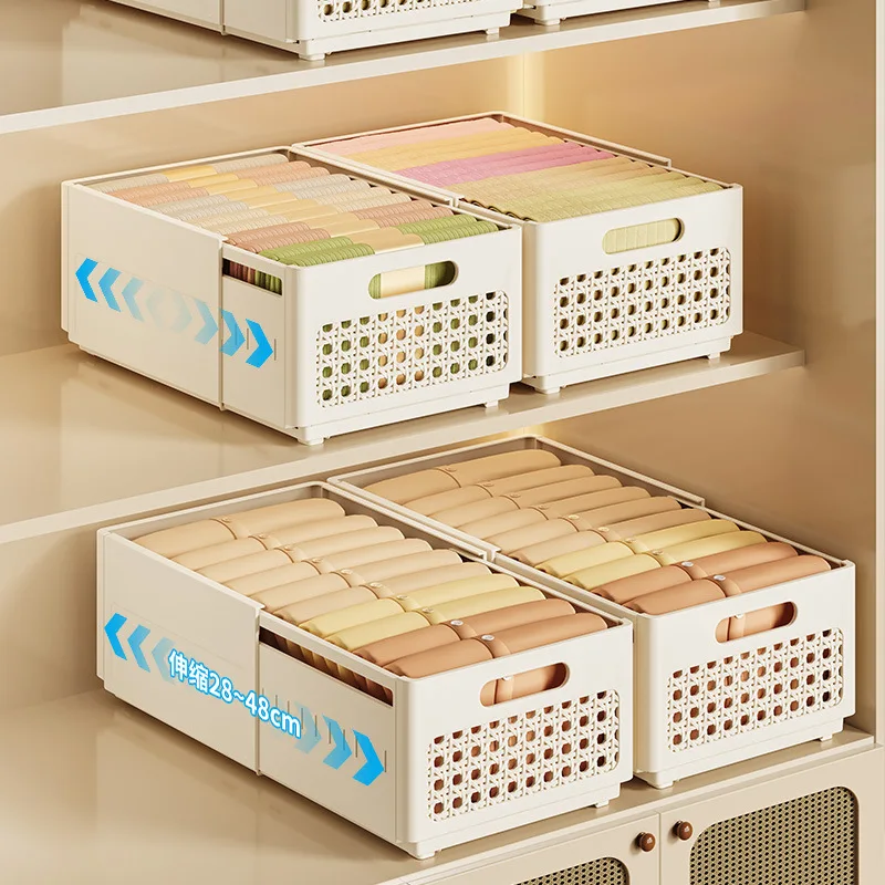 Expandable Wardrobe Storage Basket, Layered Sorting Organizer for Seasonal Clothes & Pants Bedroom Use