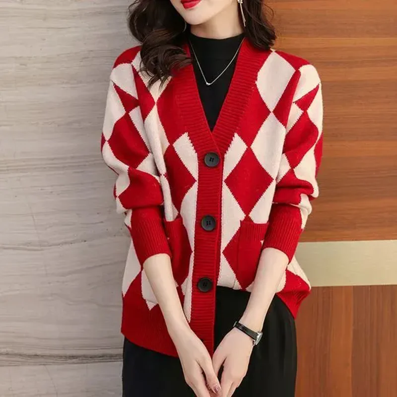 Sweater Coat Cardigan Ladies Spring And Autumn New Lazy Wind V-Neck Plus Size Solid Color Checkerboard Sweater Pocket Soft Coat