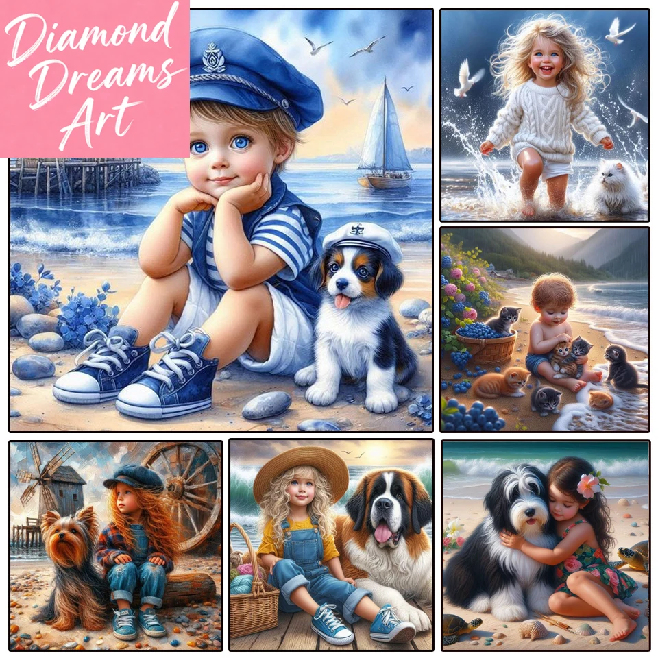 Frameless,Diamond Painting Kits Boy Girl Dog Mosaic Full Dri