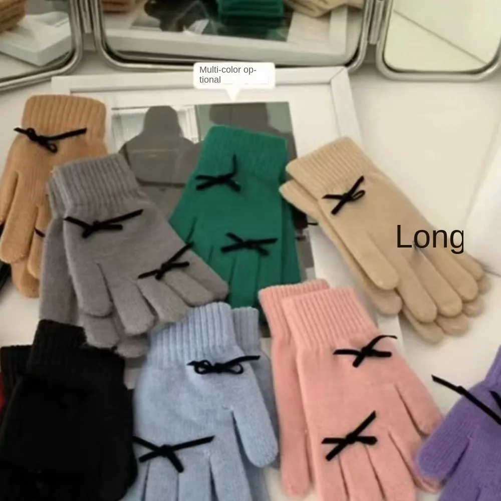 

Милые вязаные перчатки с бантом и сенсорным экраном ярких цветов, однотонные женские зимние перчатки, теплые теплые перчатки с бантом для верховой езды, женские перчатки