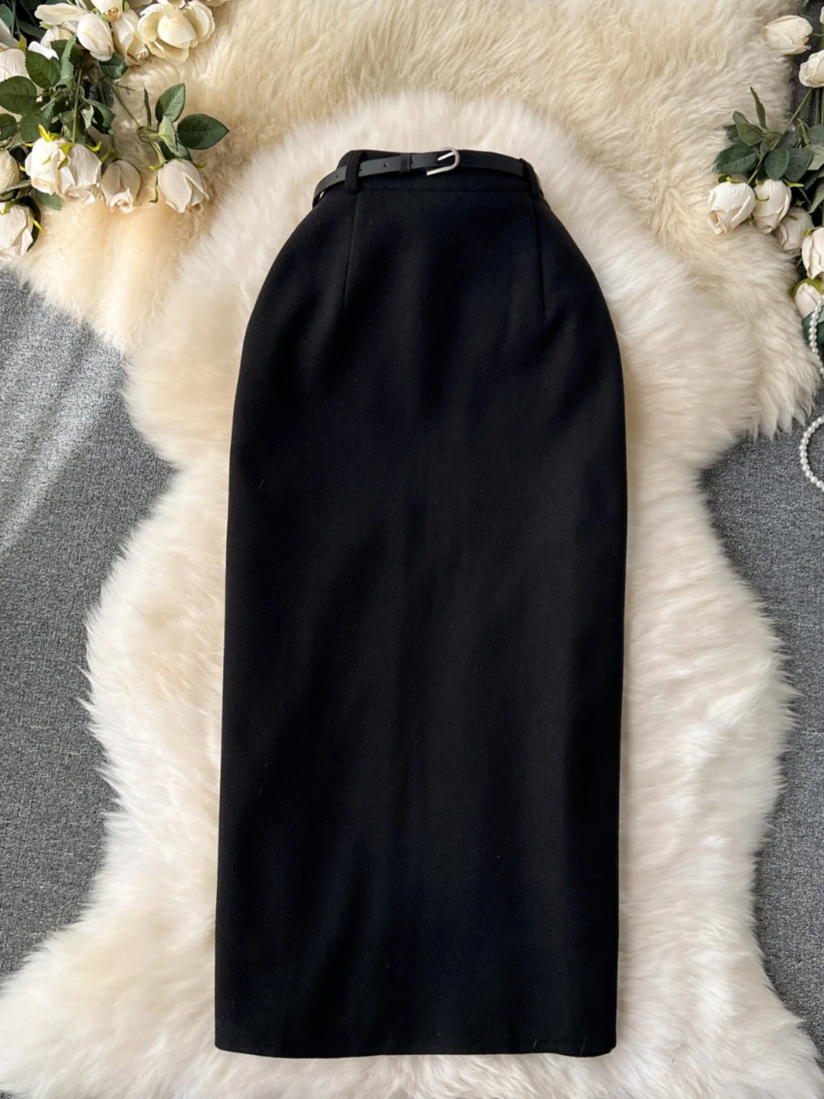 تنورة صوفية عالية الخصر بقصة مستقيمة وفتحة مغرية ومتعددة الاستخدامات من ألياف البوليستر للتنقل الكوري ملابس يومية بقصة ضيقة